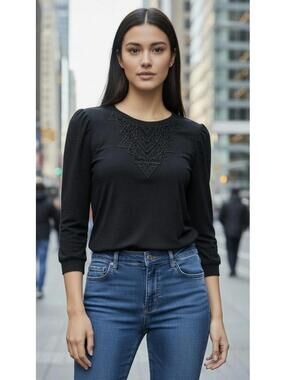 REBECCA TAYLOR Women’s Linen Lace Front Knit Top in Black-Size Medium